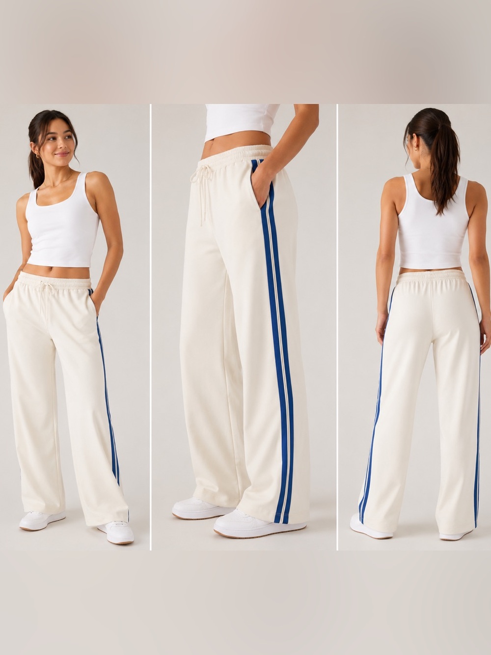 NWOT Athleta MVP Mid Rise Side Stripe Pants in "Maritime/Bone"